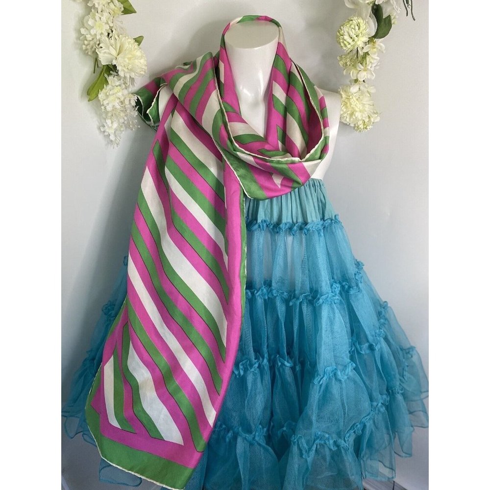 Burmel Vintage 1960's Pink Green Stripe Hand Rolled All Silk Scarf 13x68 Italy - Picture 11 of 16